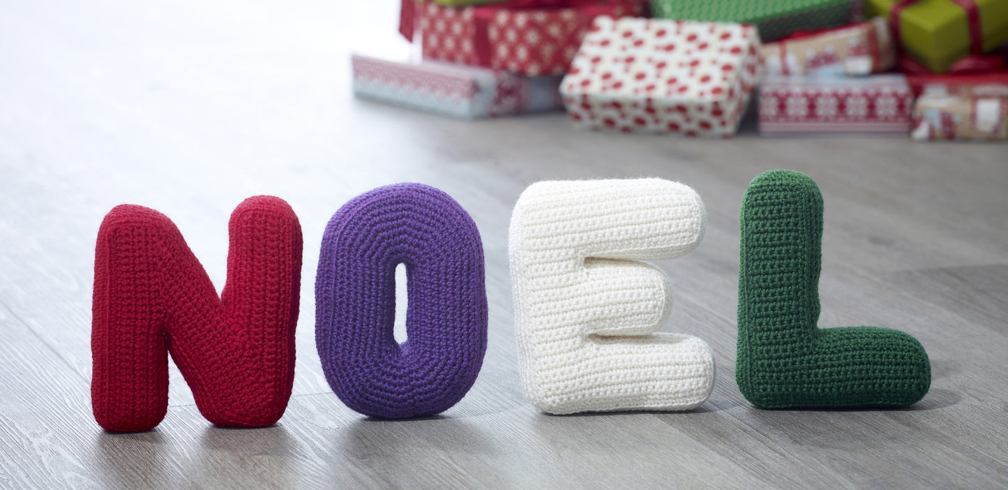 A pattern for a red N, purple O, white E and green L, to create a 3D Noel sign. Each letter is approximately 17cm and 4cm deep.