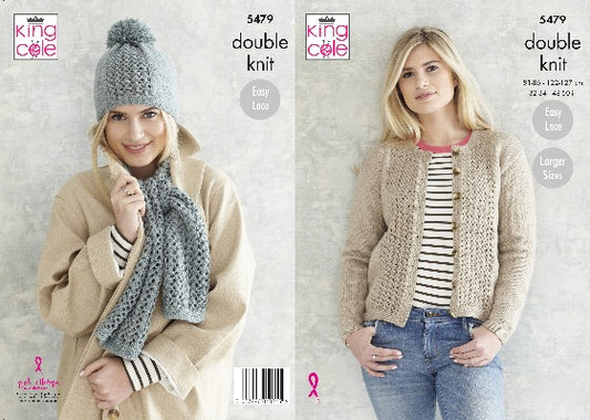King cole pattern 5479, easy knit lace panel cardigan hat and scarf