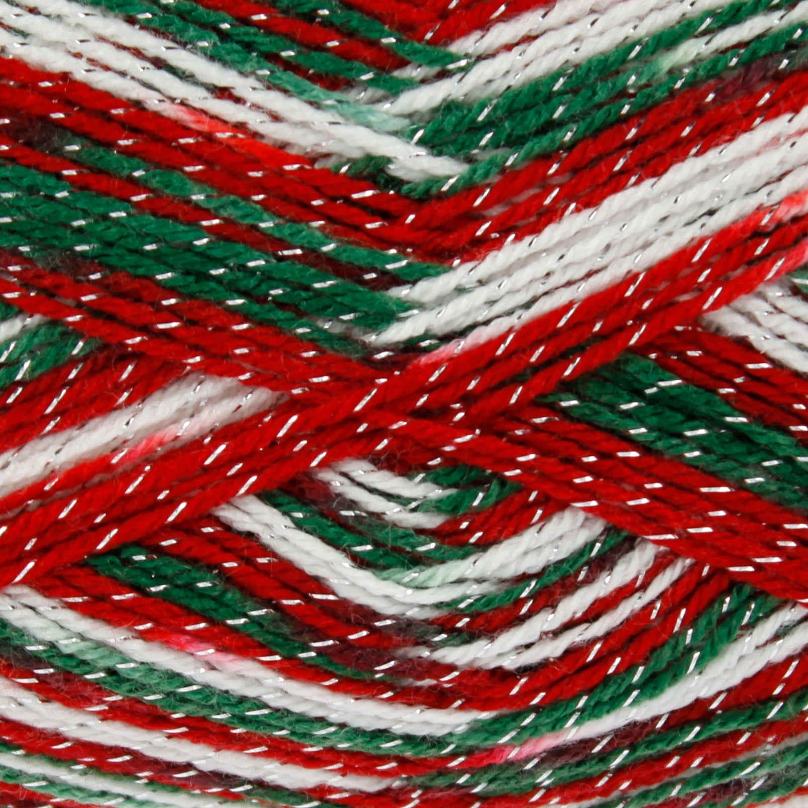 A green, red and white yarn with silver sparkles in.